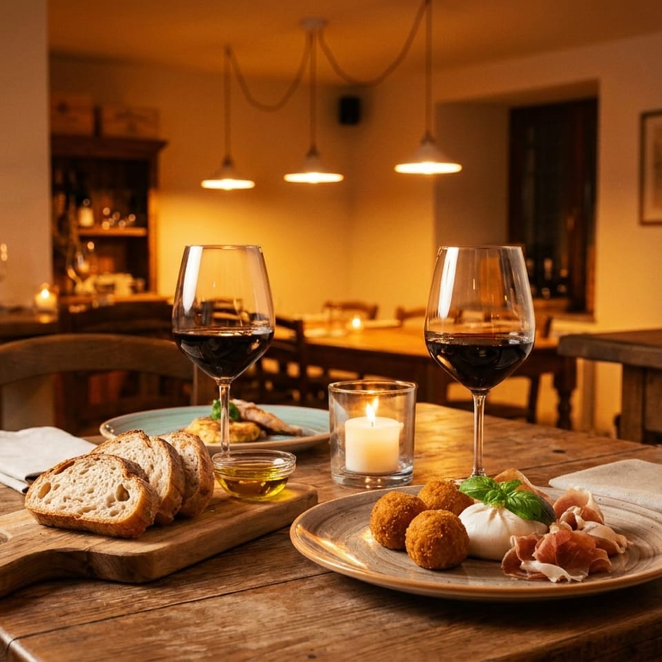 A rustic wooden table set with wine, bread, and appetizers in a warm, dimly lit restaurant.