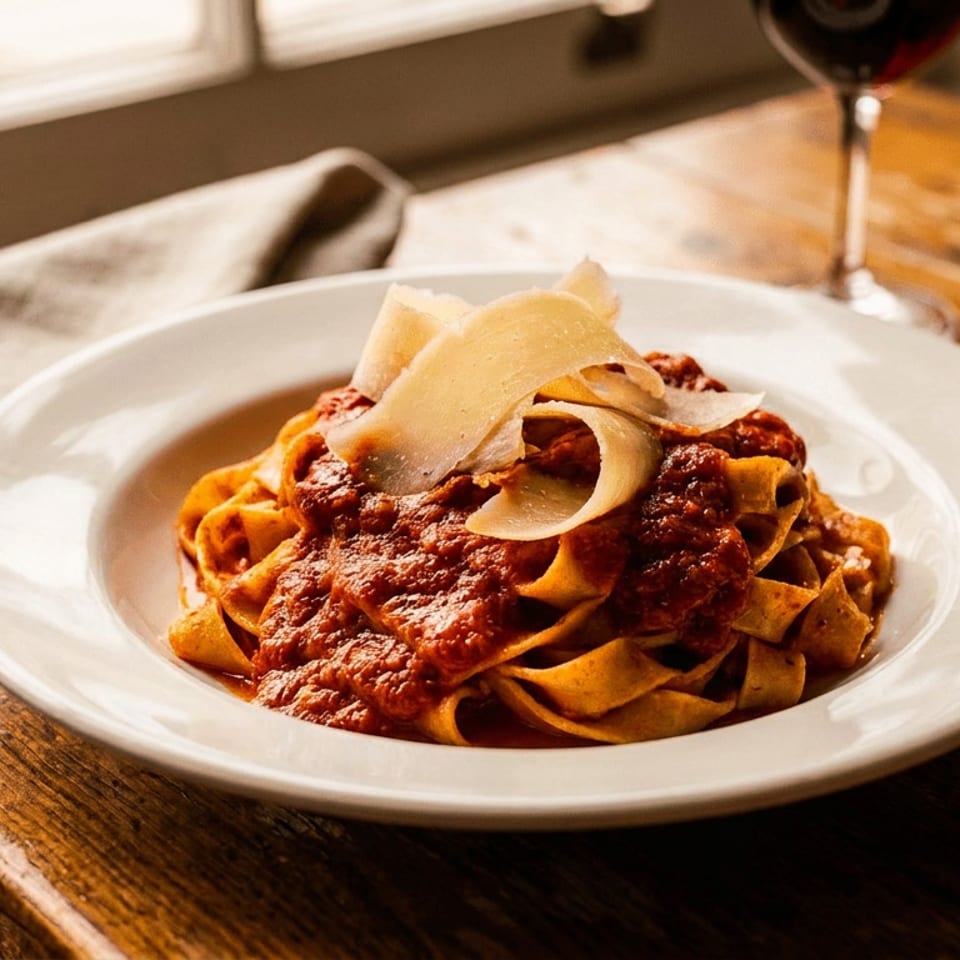 Pasta with red sauce and shaved parmesan cheese on a white plate with a glass of red wine.