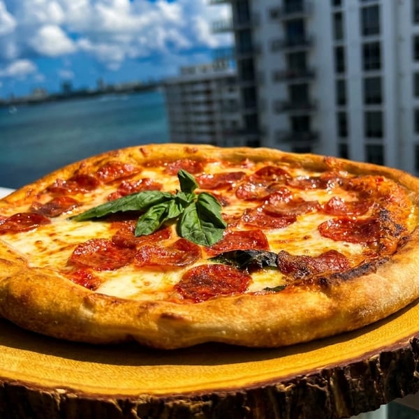 Pepperoni pizza with basil on a wooden board, overlooking a city skyline and ocean.