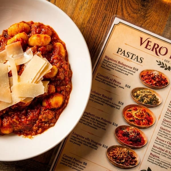 A bowl of gnocchi with red sauce and shaved parmesan cheese next to a Vero Forno restaurant menu.