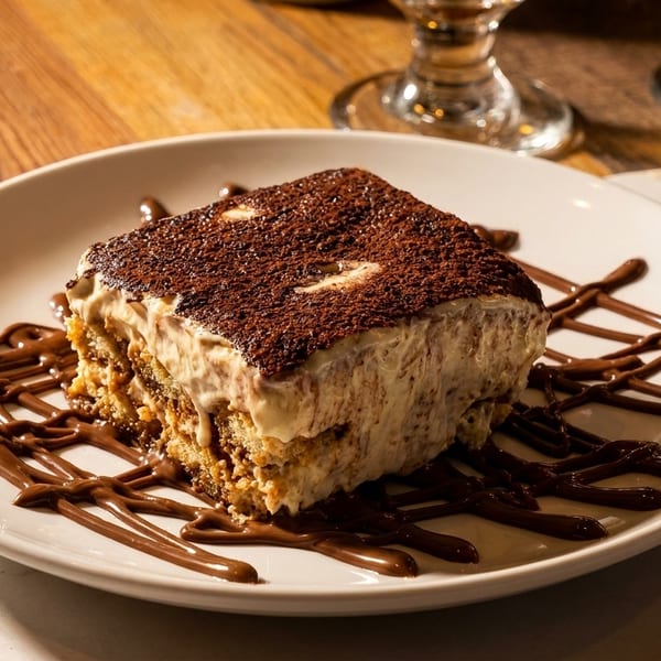 A slice of tiramisu with cocoa powder and chocolate drizzle on a white plate.