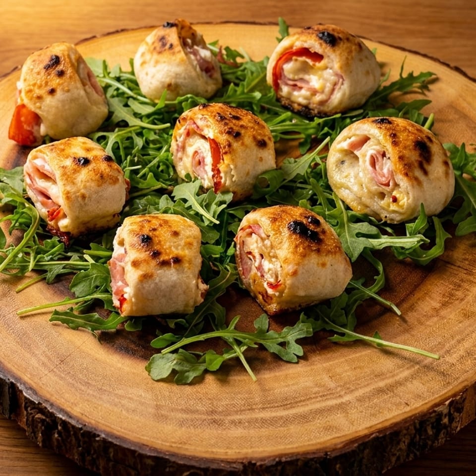Savory pinwheel pastries with ham and cheese on a bed of arugula, served on a rustic wooden board.
