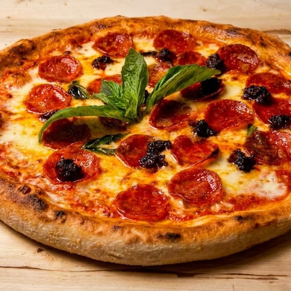 Pepperoni pizza with melted cheese, black olives, and fresh basil on a wooden table.